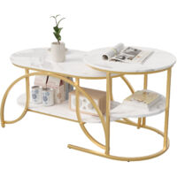 Table basse gigogne, structure en métal doré, marbre blanc, table basse ovale