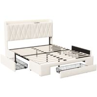 Lit double 140x190 cm, lit adulte avec tiroirs et lattes, lit rembourré en velours, lit 140x190 cm, beige