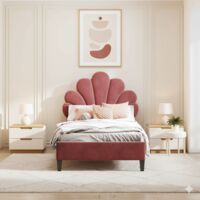 Lit 90x200 cm -lit enfant à lattes - lit capitonné en velours - lit simple 90x200 cm - rose foncé