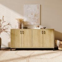 Buffet Moderne de Rangement - 4 Portes en Bois Clair et Métal Noir - 160x80x35cm - Meuble Salle à Manger/Salon - Chêne