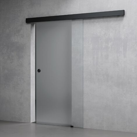 Mai & Mai Porta Scorrevole in Vetro 77.5x215cm, Porta Scorrevole con Sistema Softclose in Vetro Satinato 8mm con Binario e Maniglia Rotonda per Bagno Cucina Studio Ufficio, Nero, Amalfi-plus 12H
