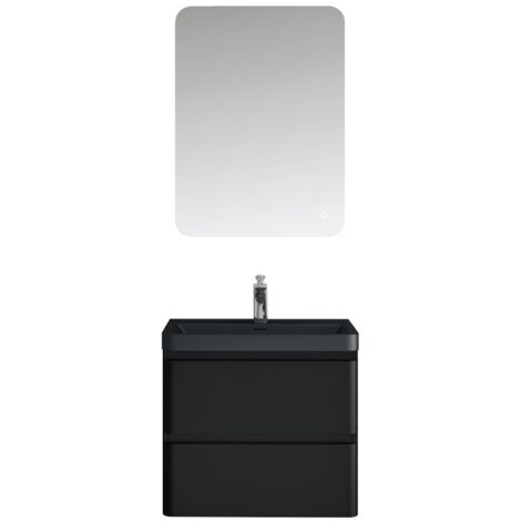 Mai & Mai Mobile Bagno Sospeso 60x42x50cm con Lavabo in Marmo fuso, Mobiletto da Bagno con 2 Cassetti di Chiusura Soft-close, Mobile sospeso Lavandino Bagno Nero opaco, Lucca (1/5)