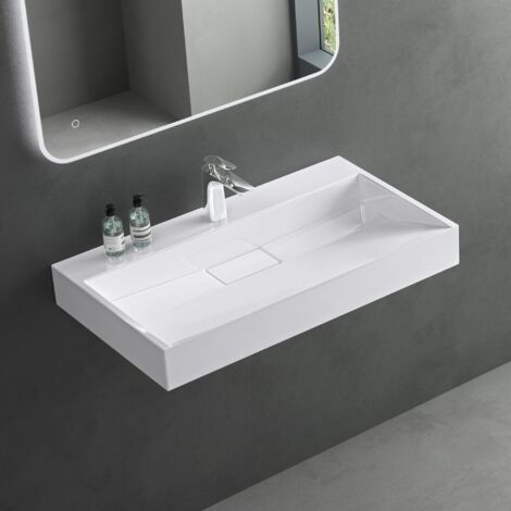 Mai & Mai Lavabo da Appoggio 80x46x11cm, Lavabo Bagno Sospeso da Minerale fuso Lavandino Bagno da Appoggio con Piletta di Scarico e un Foro per Rubinetteria, Colossum19-800