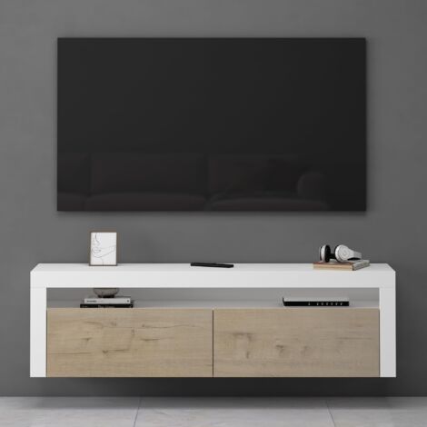 Mai & Mai Mobile TV per Televisore 160x40x46cm, Armadietto per TV con 2 Ante Armadietto Basso Soft-close per Soggiorno, Sala da Pranzo, Camera da Letto Fernsehschrank01, Bianco opaco+Rovere chiaro (1/5)