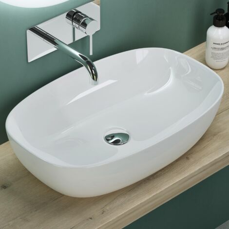 Mai & Mai Lavabo da Appoggio 60x39,5x14cm, Lavandino Bagno Brüssel104 in Ceramica con Nano Rivestimenti inclusi, Bianco