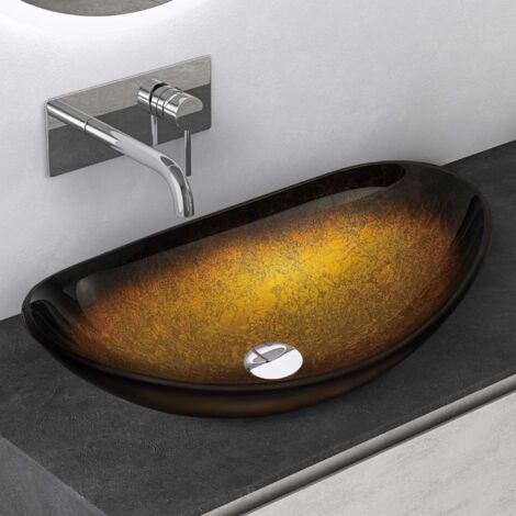 Mai & Mai Lavabo da Appoggio 53,5x35,5x16cm, Lavandino Bagno da Appoggio in Vetro Temperato Ovale Minerva08, D'oro