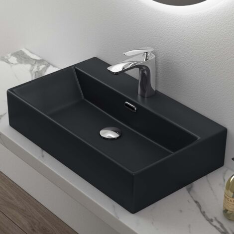 Mai & Mai Lavabo da Appoggio 60x36x13cm, Lavabo Bagno Sospeso Lavandino Bagno Brüssel206 in Ceramica con Nano Rivestimenti inclusi, Nero opaco