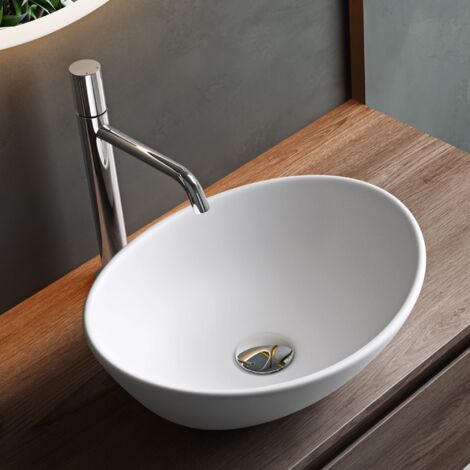Mai & Mai Lavabo da Appoggio 42x34x14,5cm, Lavandino Bagno da Appoggio in Ceramica Ovale Nano Rivestimenti Inclusi Bianco Opaco Brüssel205