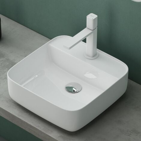 Mai & Mai Lavabo da Appoggio 38,5x38,5x14cm, Lavandino Bagno Brüssel107 in Ceramica con Nano Rivestimenti inclusi, Bianco
