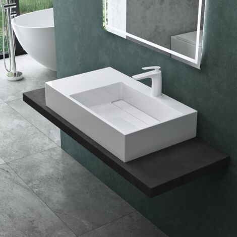Mai & Mai Lavabo da Appoggio Rettangolare Design Moderno Lavandino bagno Sospeso in Marmoresina, 75x43x14cm Finitura Bianco Colossum12-750R