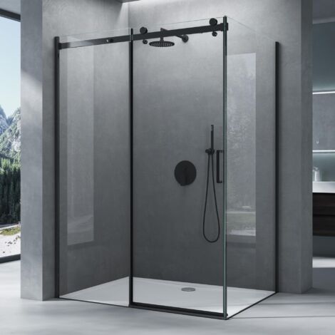 Mai & Mai Box Doccia per Nicchia con Piatto Doccia Bianco, Cabina Angolare con Porta Scorrevole in Vetro di Sicurezza ESG Trasparente Anticalcare, Profilo in Alluminio Nero,90x120cm (1/5)