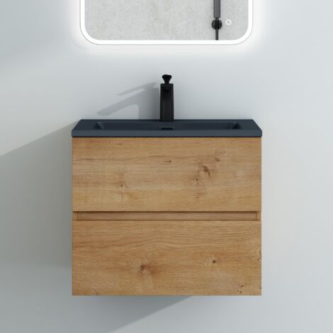 Mai & Mai Mobile Bagno Sospeso 60cm, Mobile da Bagno Marrone Chiaro con 2 Cassetti Include Lavabo Antracite Opaco Aqualis F156 (1/5)