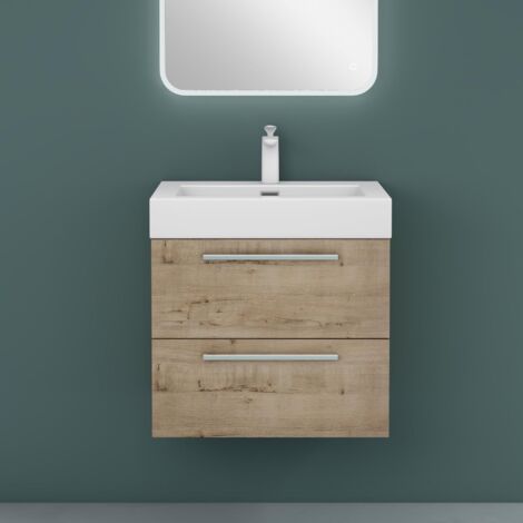 Mai & Mai Mobile Bagno Sospeso60cm, Mobile da Bagno con 2 Cassetti Include Lavabo, Rovere chiaro, Seria Quadratto F161 (1/5)