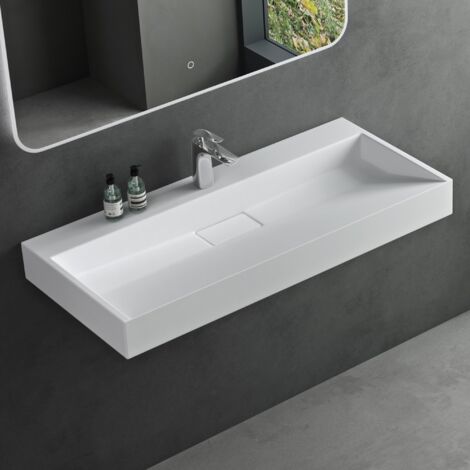 Mai & Mai Lavabo da Appoggio 100x46x11cm, Lavabo Bagno Sospeso Lavandino Bagno con Piletta di Scarico e un Foro per Rubinetteria, Lavabo da Minerale fuso Bianco opaco, Colossum19