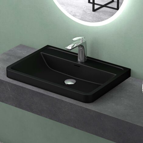 Mai & Mai Lavabo da Appoggio 90x48x14,5cm, Lavandino Bagno Colossum08 da Marmo fuso Lavabo con Rialzo, Nero opaco