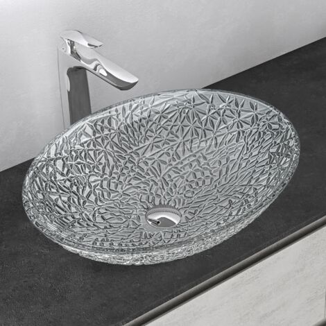 Mai & Mai Lavabo da Appoggio 50,5x36x15,5cm, Lavandino Bagno in Vetro Temperato Ovale Minerva05, Trasparente