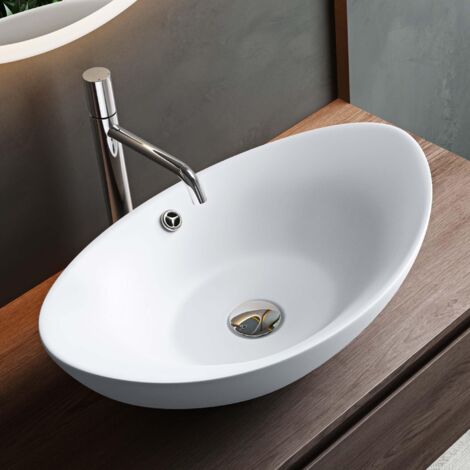 Mai & Mai Lavabo da Appoggio 59X38.3X19.2cm, Lavandino Bagno in Ceramica Nano Rivestimenti Inclusi, Bianco Opaco, Brüssel818