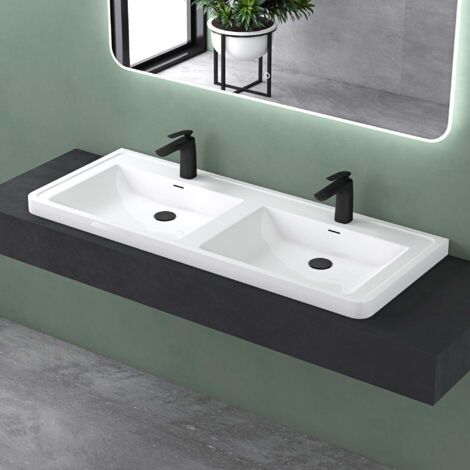 Mai & Mai Lavabo da Appoggio 120x48x14,5cm, Lavandino Bagno Colossum08 da Marmo fuso Lavabo con Rialzo, Bianco lucido