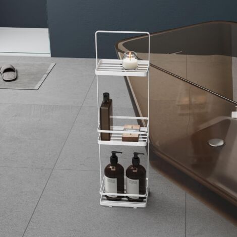 Mai & Mai Scaffale da Bagno di 3 Livelli 18x12.5x67.3cm, Scaffale Portaoggetti in Metallo Robusto con 4 Piedini Antiscivolo per Doccia, Bianco, Reglo-02