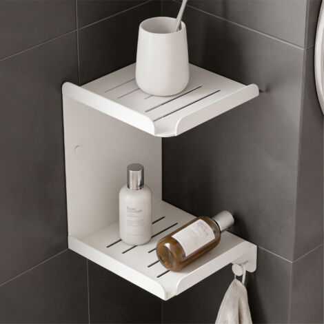 Mai & Mai Mensola Doccia Angolare in Acciaio al Carbonio, Antiruggine, Mensola Bagno da Appendere Adesiva o con Foratura per Shampoo Sapone Bagnoschiuma, Bianco, Reglo-14