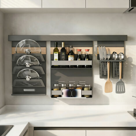 Mai & Mai Porta Spezie a Due Ripiani con Supporto per Cellulare, Porta Coperchi a 3 Livelli e Porta Mestoli con 5 Ganci da Cucina, da Appendere con Guide, Grigio, Reglo-09+Reglo-11+Reglo-12