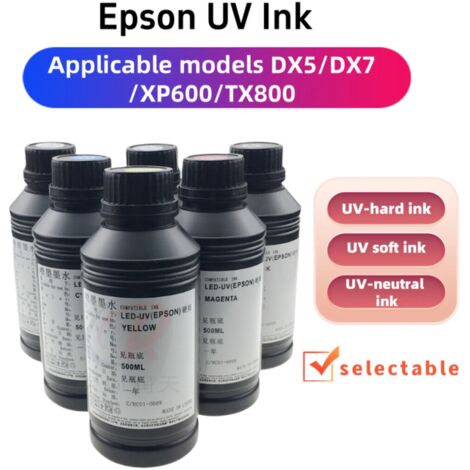 6 bouteilles d'encre Epson UV, encre UV, encre dure 500ml, imprimante DTF UV A3/A4 DX5/DX7/XP600/TX800 (1/5)