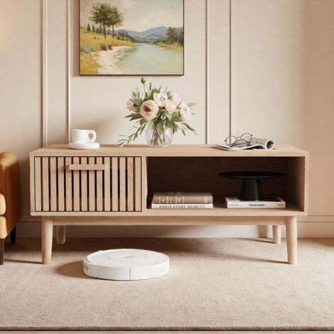 Table Basse - 100x50cm - Bois Naturel - Tiroir - Style Scandinave - Blanc/Chêne Clair (1/5)