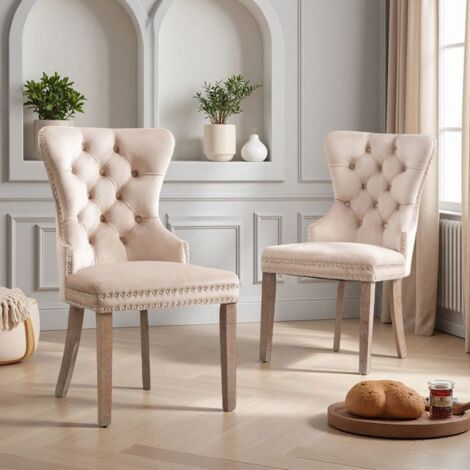 Chaise de Salle à Manger - Velours Beige - Design Rétro - Pieds Réglables - Lot de 2 Chaises (1/5)