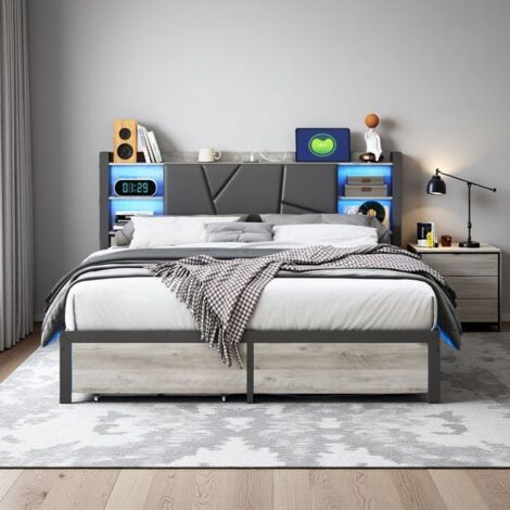 Lit double 160x200 avec tiroirs – Éclairage RGB 6000 couleurs – Structure métal et bois noir – Supporte 350kg (1/5)