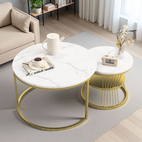 Table Basse - Design Luxe - Bois & Métal Doré - Ø70/45cm - Tables Gigognes Blanc & Or (1/5)
