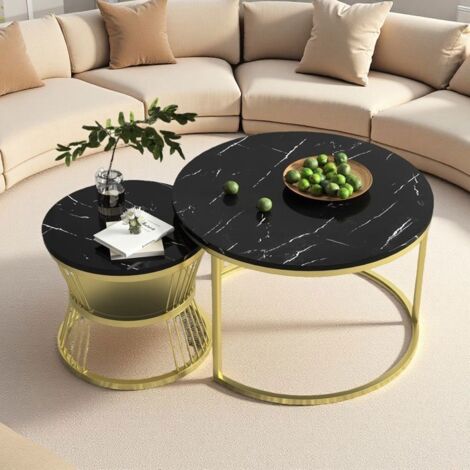Tables Basses Gigognes - Marbre Noir et Or - Ø70cm et Ø45cm - Design Luxe Moderne - Pieds Réglables (1/5)