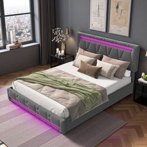 Lit Double 160x200 - Moderne avec Rangement - Tête Réglable - LED RGB - 4 Tiroirs Gris (1/5)