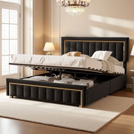 Lit Double 140x200 - Coffre Hydraulique - Tête de Lit Velours Noir - Bordures Dorées - Design Moderne (1/5)