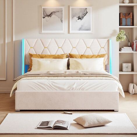 Lit Double 160x200 - Design Nordique Beige - Coffre 580L - Éclairage RGB - Tête de lit ergonomique (1/5)