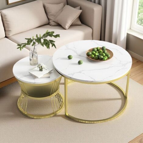 Tables Basses Gigognes - Blanches et Or - Ø70cm et Ø45cm - Marbre Blanc Brillant - Design Moderne (1/5)