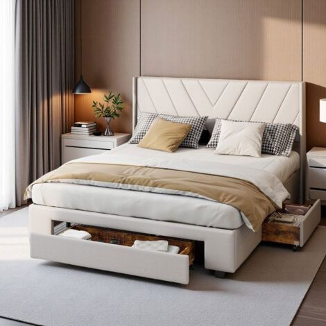 Lit coffre avec tiroirs 160x200 - Beige taupe - Rangement XXL - Design moderne - Structure MDF renforcée (1/5)