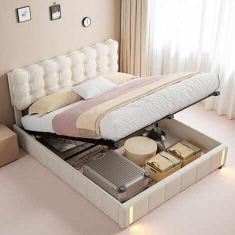 Lit Double 160x200 - Sommier-Coffre Hydraulique - Velours Beige - Éclairage LED Intelligent - Éco-responsable (1/5)