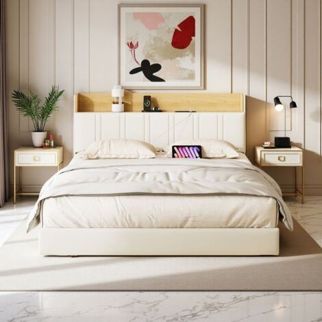 Lit Double Suspendu 140x190cm - LED RGB - Rangement Intégré - Cuir Blanc - Support Anti-Heurts (1/5)