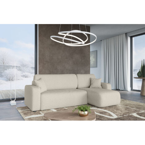 Divano ad angolo trasformabile in tessuto boucle beige PIANO L con vano contenitore e sistema di apertura rapido