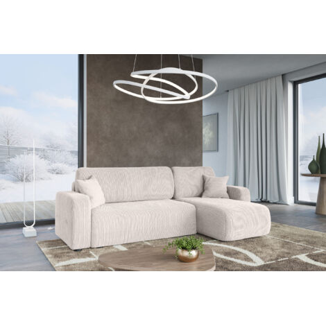Divano ad angolo trasformabile in velluto a coste bianco PIANO L con vano contenitore e sistema di apertura rapido
