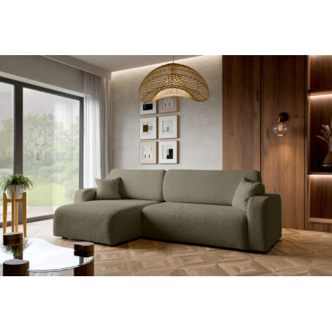 Divano ad angolo trasformabile in tessuto boucle grigio PIANO XL con vano contenitore e sistema di apertura rapido