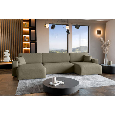 Divano ad angolo trasformabile in tessuto boucle grigio PIANO U con vano contenitore e sistema di apertura rapido