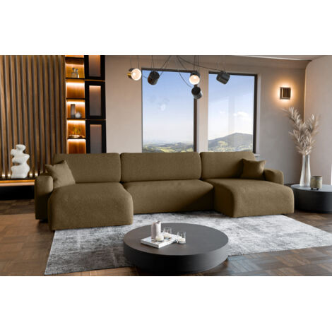 Divano ad angolo trasformabile in tessuto boucle marrone PIANO U con vano contenitore e sistema di apertura rapido
