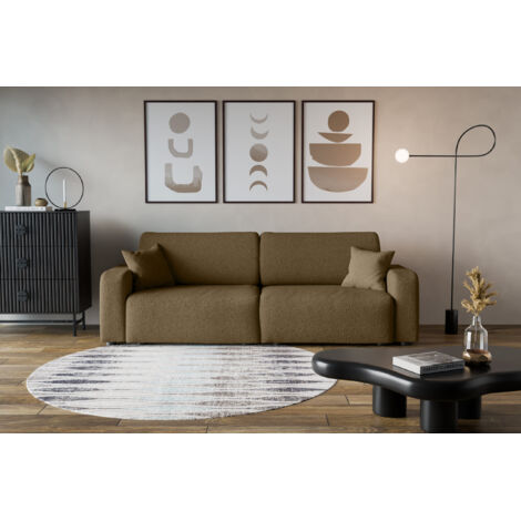 Divano 3 posti PIANO con apertura rapida – funzione letto, tessuto bouclé marrone, divano-letto per soggiorno, comfort premium