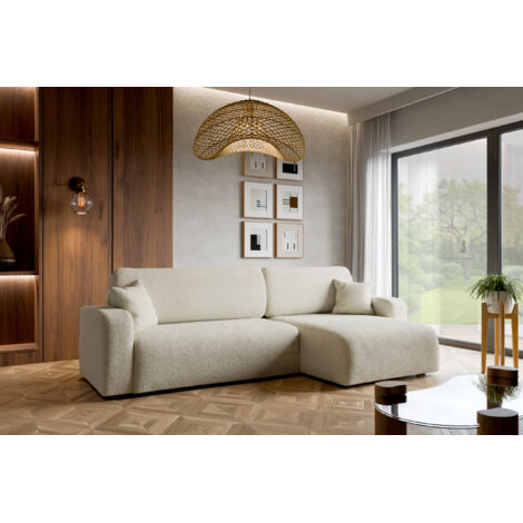 Divano ad angolo trasformabile in tessuto boucle beige PIANO XL con vano contenitore e sistema di apertura rapido