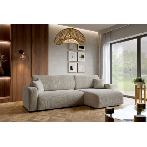 Divano ad angolo trasformabile in velluto a coste beige PIANO XL con vano contenitore e sistema di apertura rapido