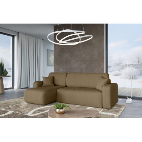 Divano ad angolo trasformabile in tessuto boucle marrone PIANO L con vano contenitore e sistema di apertura rapido