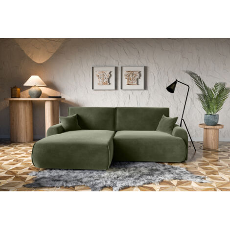 Divano letto angolare sinistro con vano contenitore Noboo in velluto a coste verde direttamente dal produttore, consegna e installazione gratuite