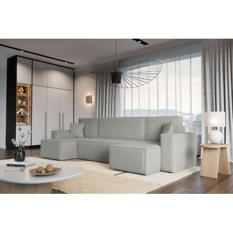 Divano letto angolare reversibile con vano contenitore universale Karl U in tessuto bouclé grigio chiaro del produttore - VINOTTI
