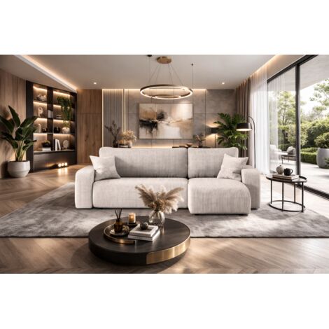 Divano angolare reversibile PIANIOO L trasformabile – Velluto a coste bianco, funzione letto, ampio vano contenitore, angolo universale sinistro/destro